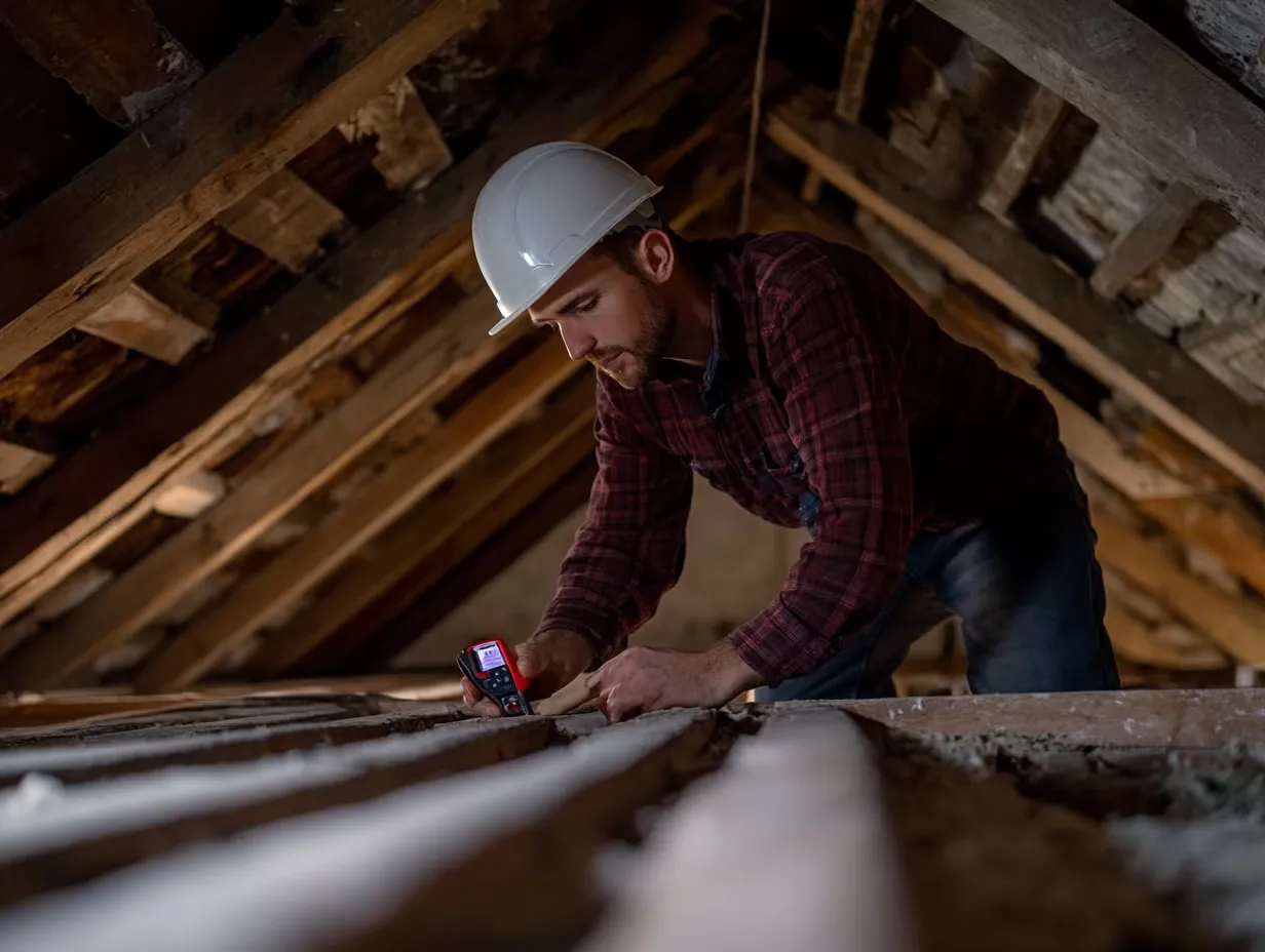 Surveyor inspecting roof structure and loft space